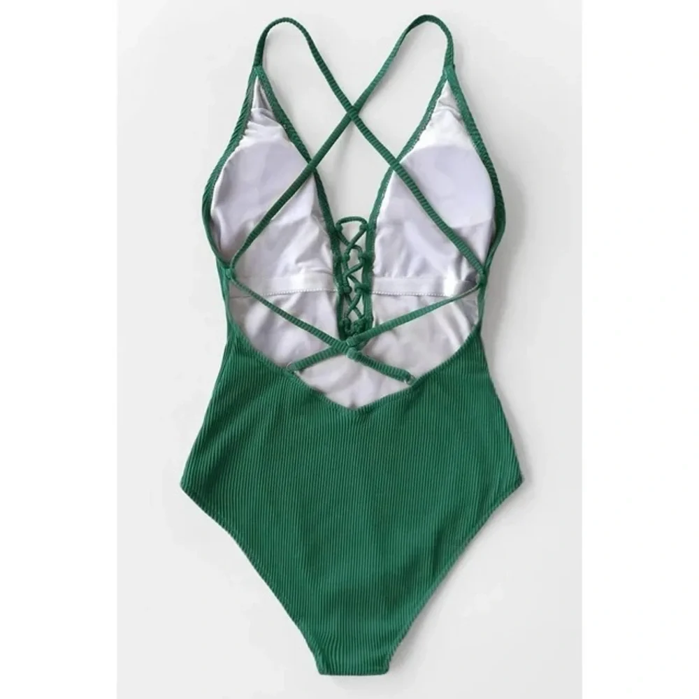 Women's Green V Neck One Piece Green Swimsuit Lace‎ up Monokini NWT Size XL